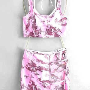 4 Piece SwimSet💦 White Bikini Pink Dragon Coverup